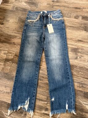 Mid-Rise Blue Distressed Wide-Leg Jeans
